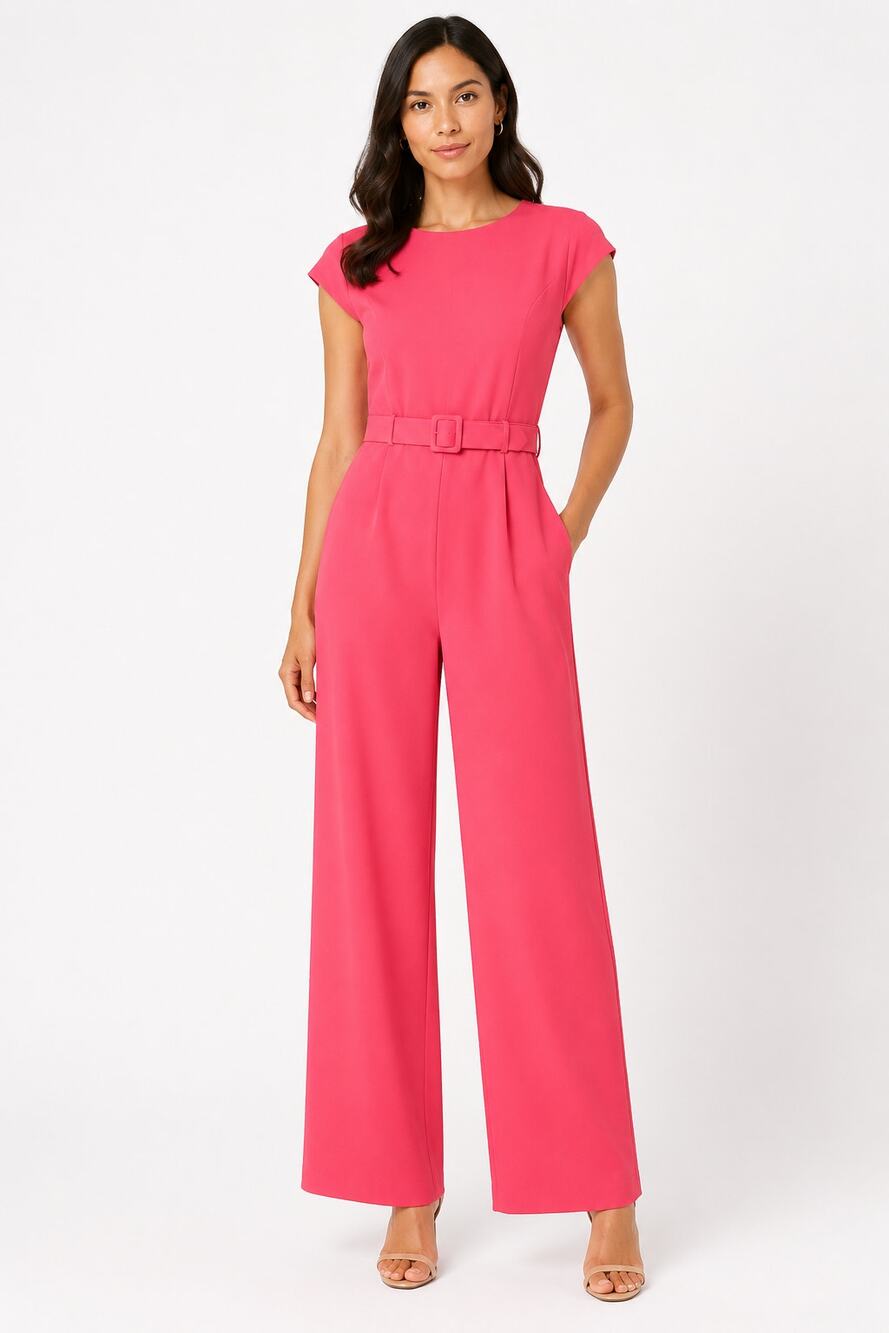 NWT Maggie London Coral Pink Wide Leg Belted Jumpsuit Romper Size 0